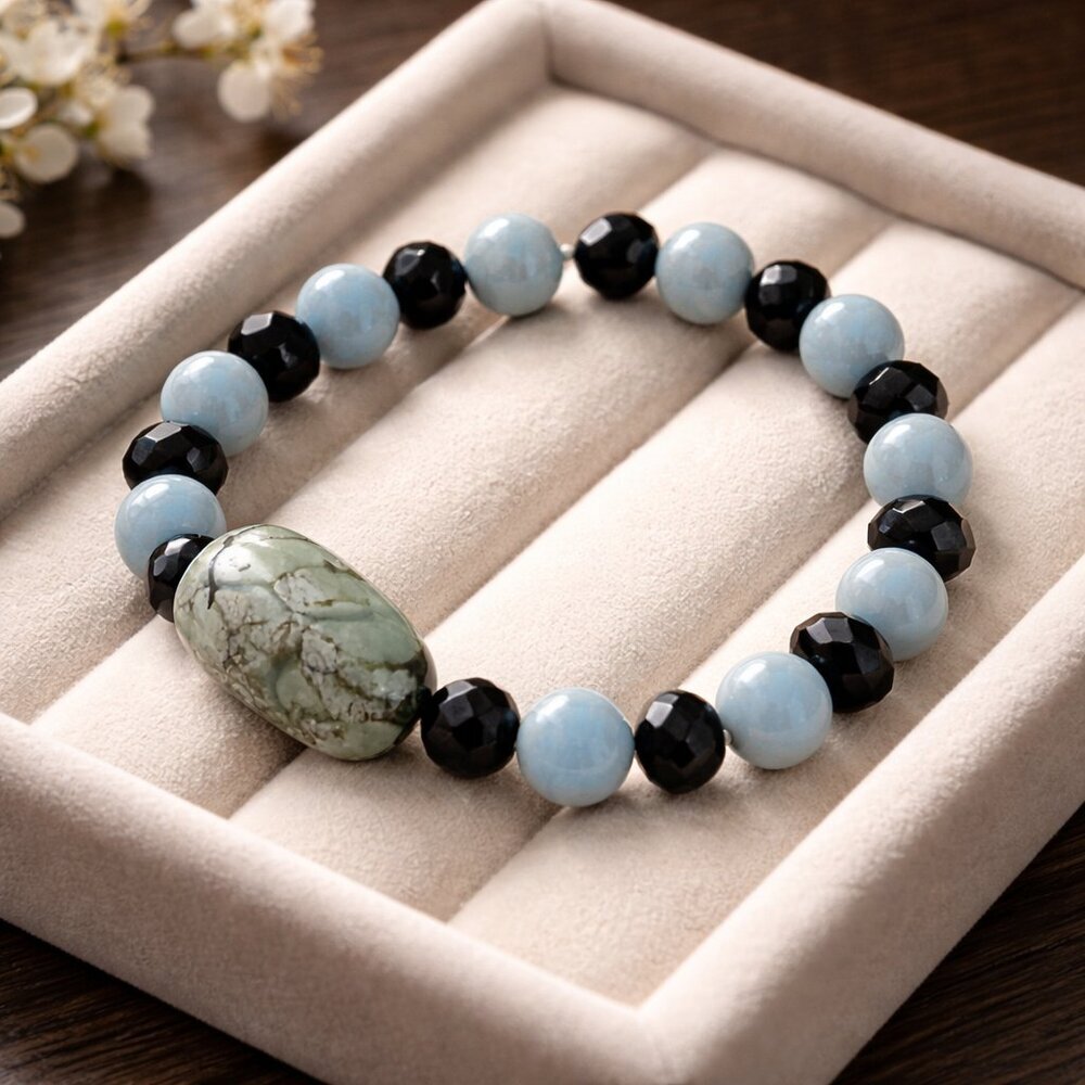 Handmade Beaded Stretch‎ Bracelet with Tourmaline Quartz Light Blue & BlacK